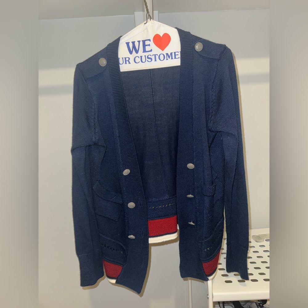 Navy Cardigan with Red and White Accents
